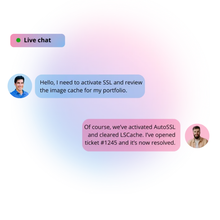 24/7 live chat support for portfolio hosting with SSL activation and image cache optimization