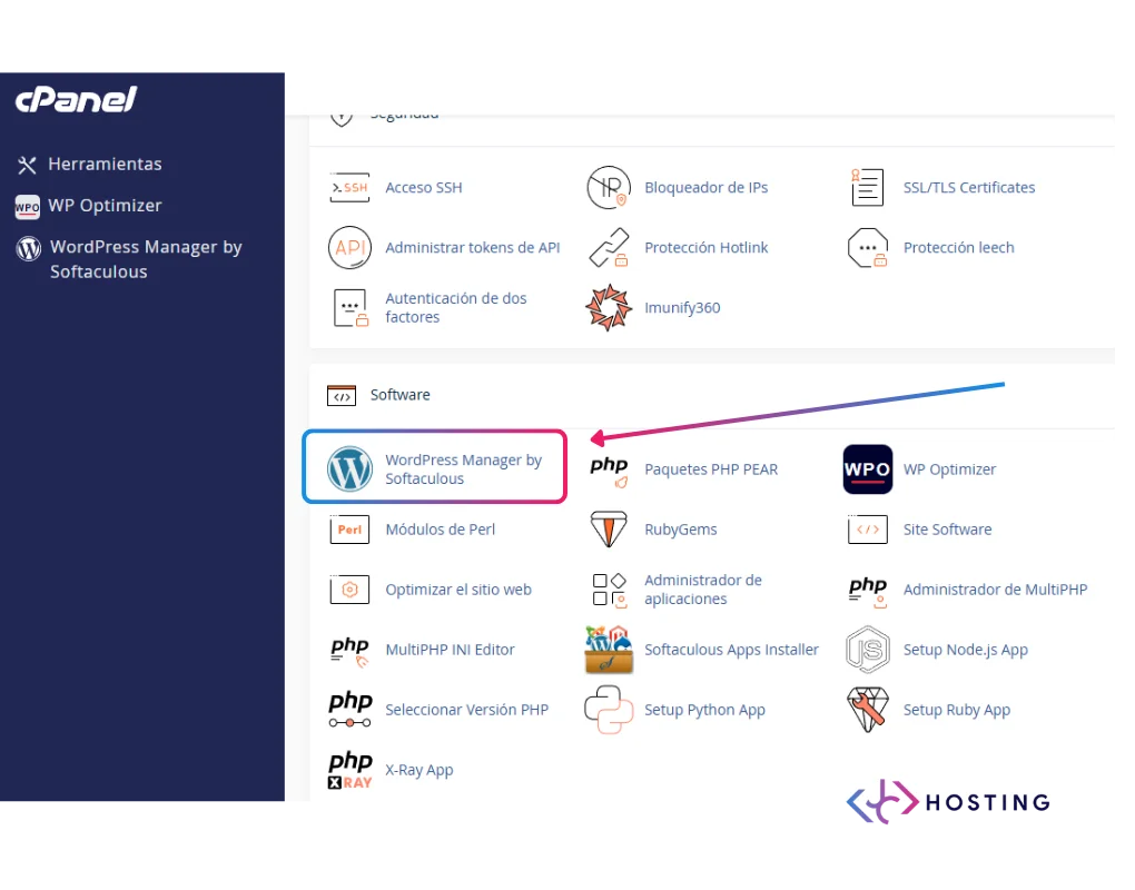 Acceso a WordPress Manager by Softaculous en cPanel
