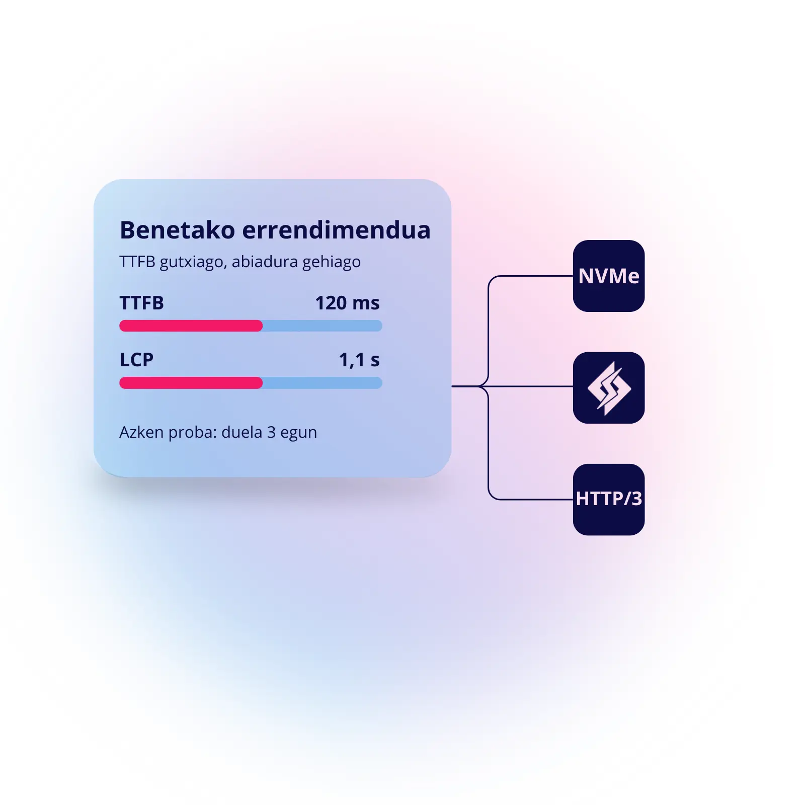 Agentzientzako hosting-aren errendimendua NVMe diskoekin, LiteSpeed zerbitzariarekin eta HTTP/3-rekin, TTFB eta LCP baxuekin