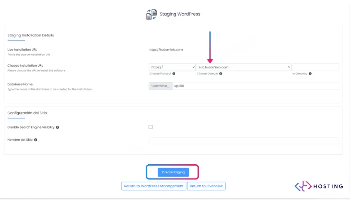 Pantalla de configuracion y boton Create Staging e1767795864123