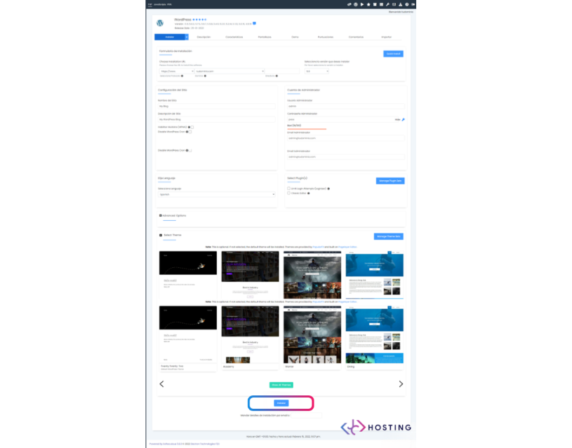 Pantalla de instalaciones de WordPress 5