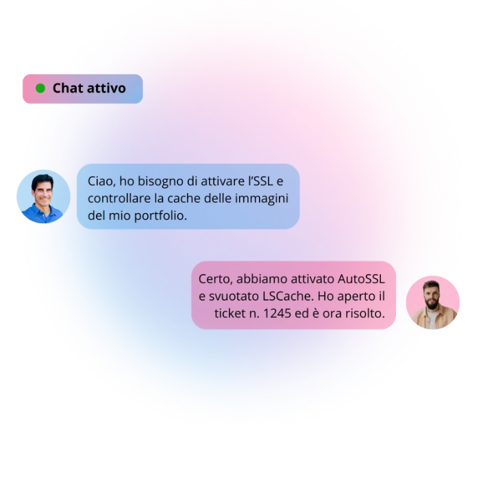 Supporto 24/7 per hosting portfolio con chat attivo, attivazione SSL e gestione cache immagini