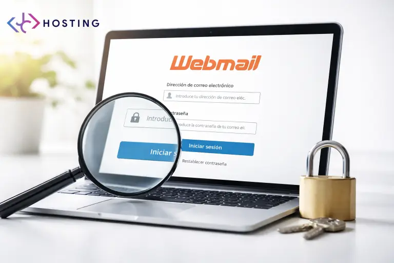 Portátil con acceso al webmail abierto y elementos de seguridad sobre fondo blanco